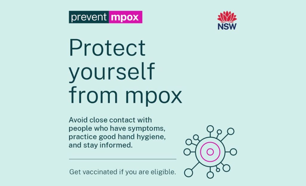 Poster announcement of NSW for prevent mpox with a title "Protect yourself from mpox"